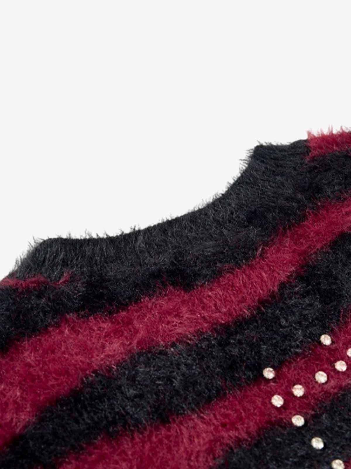 Retro Rhinestone Cross Fuzzy Zebra Stripe Sweater