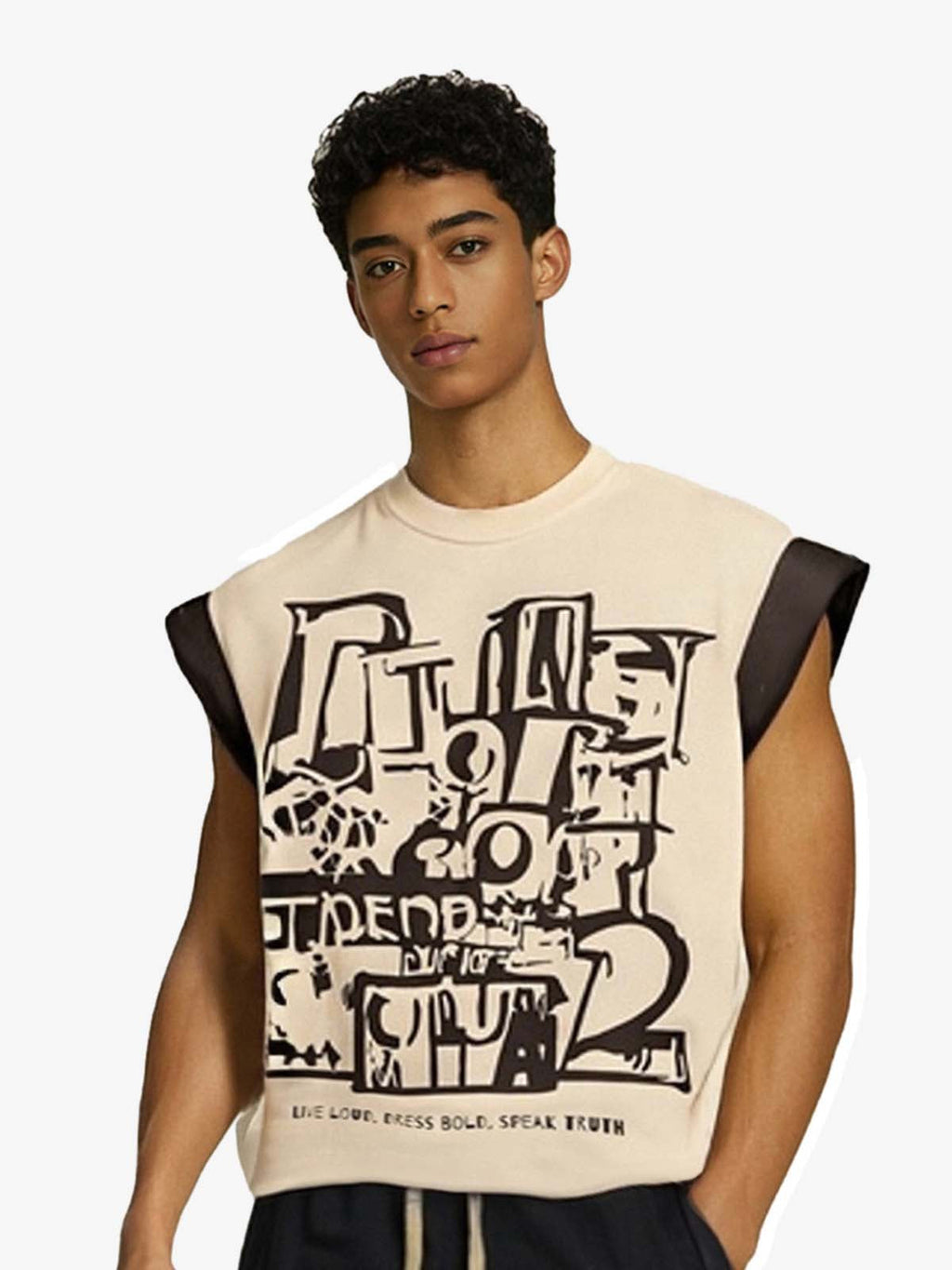 Graffiti Graphic Contrast Trim Raw Edge Sleeveless T-Shirt