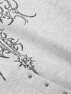 Floral Line Art Studded Pocket Hoodie