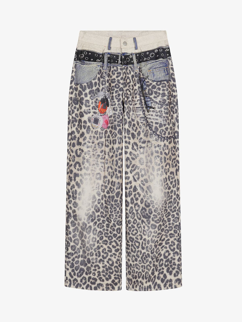 Vintage Leopard 3D Print Double Waistband Washed Jeans