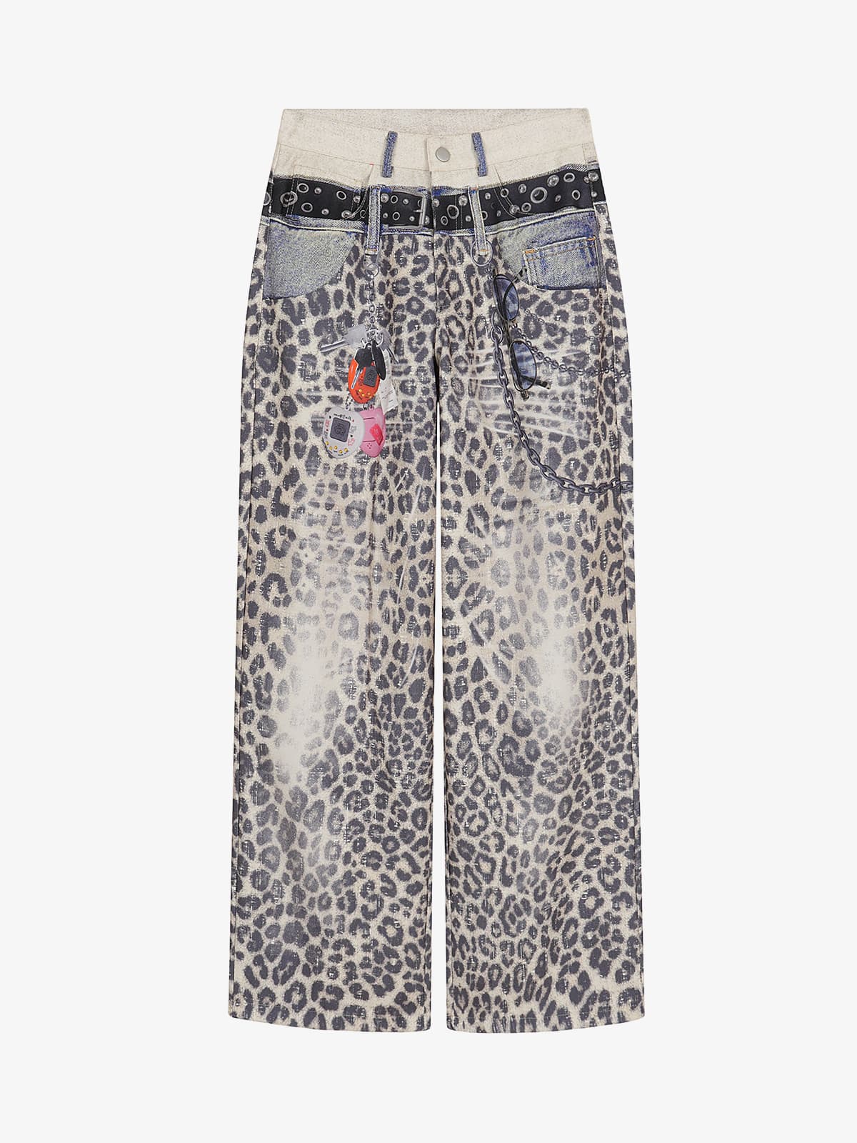 Vintage Leopard 3D Print Double Waistband Washed Jeans