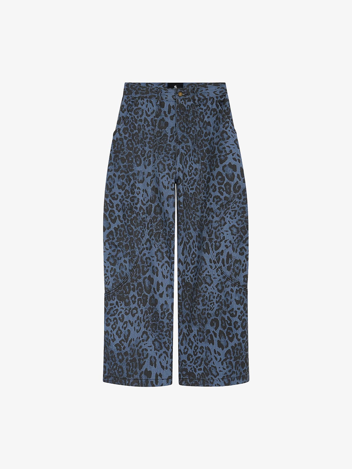 Retro Leopard Print Blue Washed Distressed Jeans