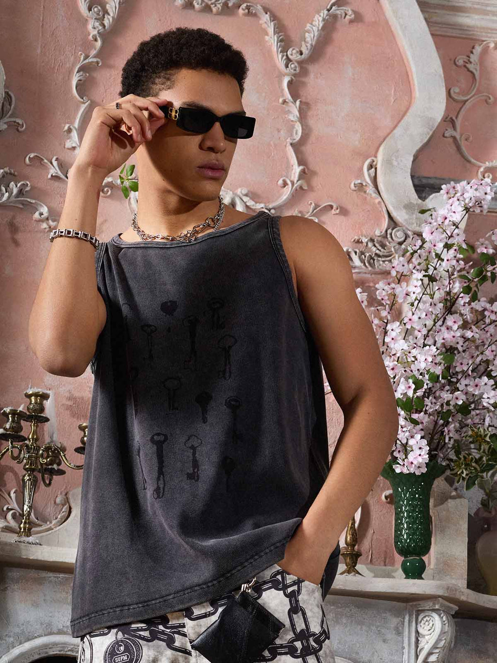 Washed Distressed Key Print Vest