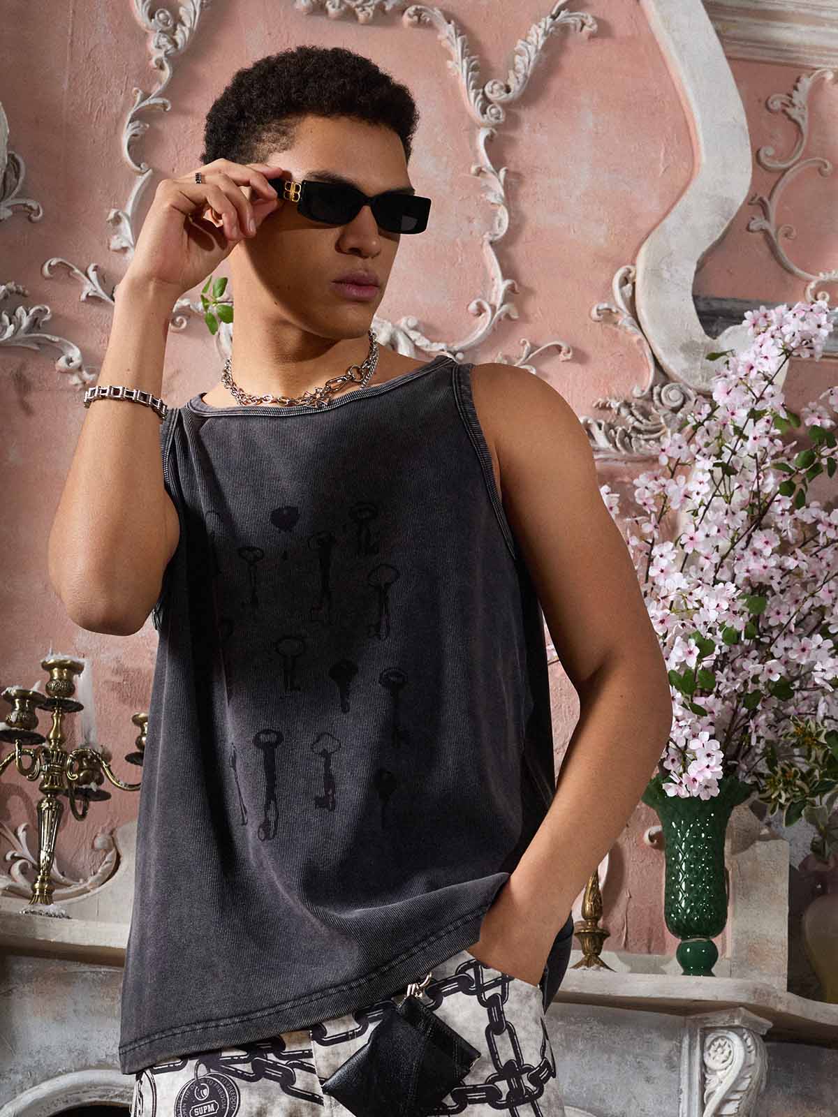 Washed Distressed Key Print Vest