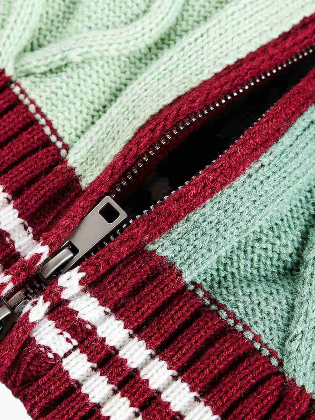 Retro Contrast Color High Neck Knitted Cardigan Sweater