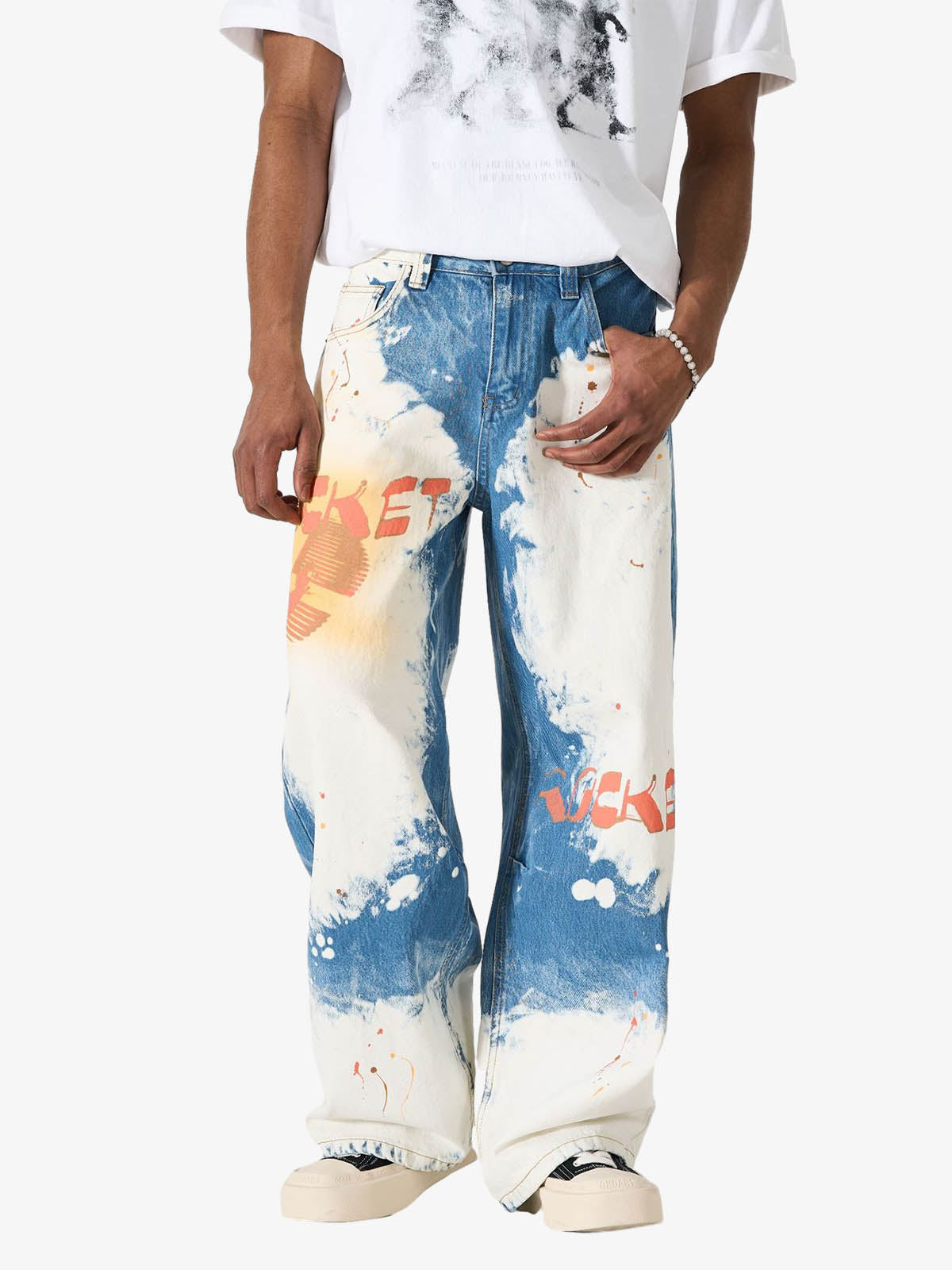 Bleached Paint Splatter Graphic Jeans