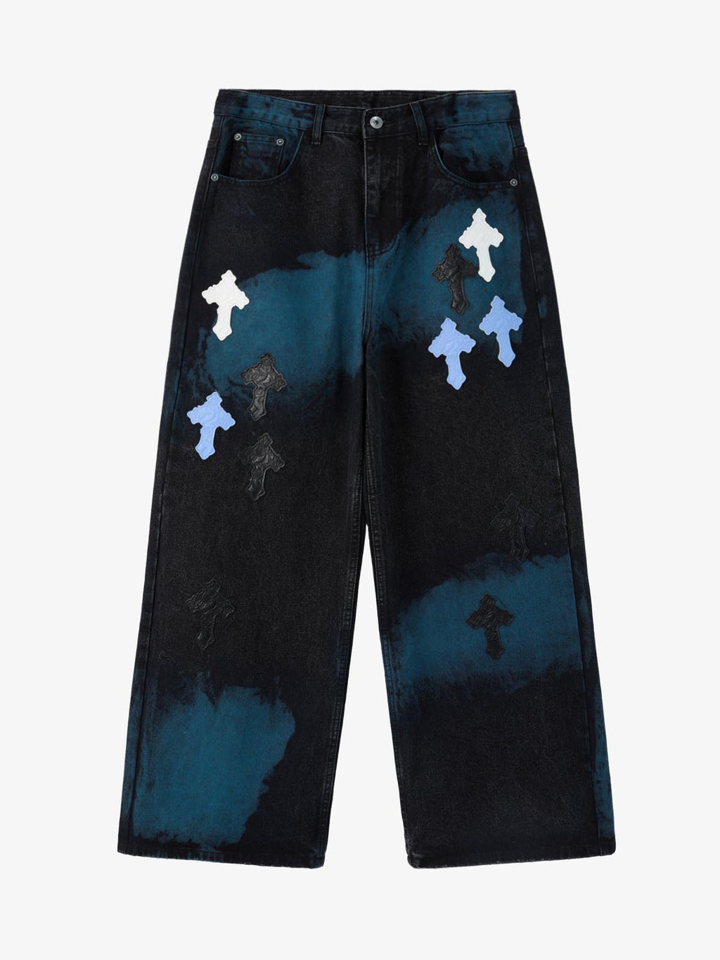 Smoke Fade Wash Cross Patch Baggy Denim Jeans
