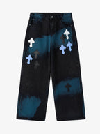 Smoke Fade Wash Cross Patch Baggy Denim Jeans