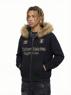 Letter Medal Embroidered Cardigan Fur Collar Zip Up Hoodie- 2502