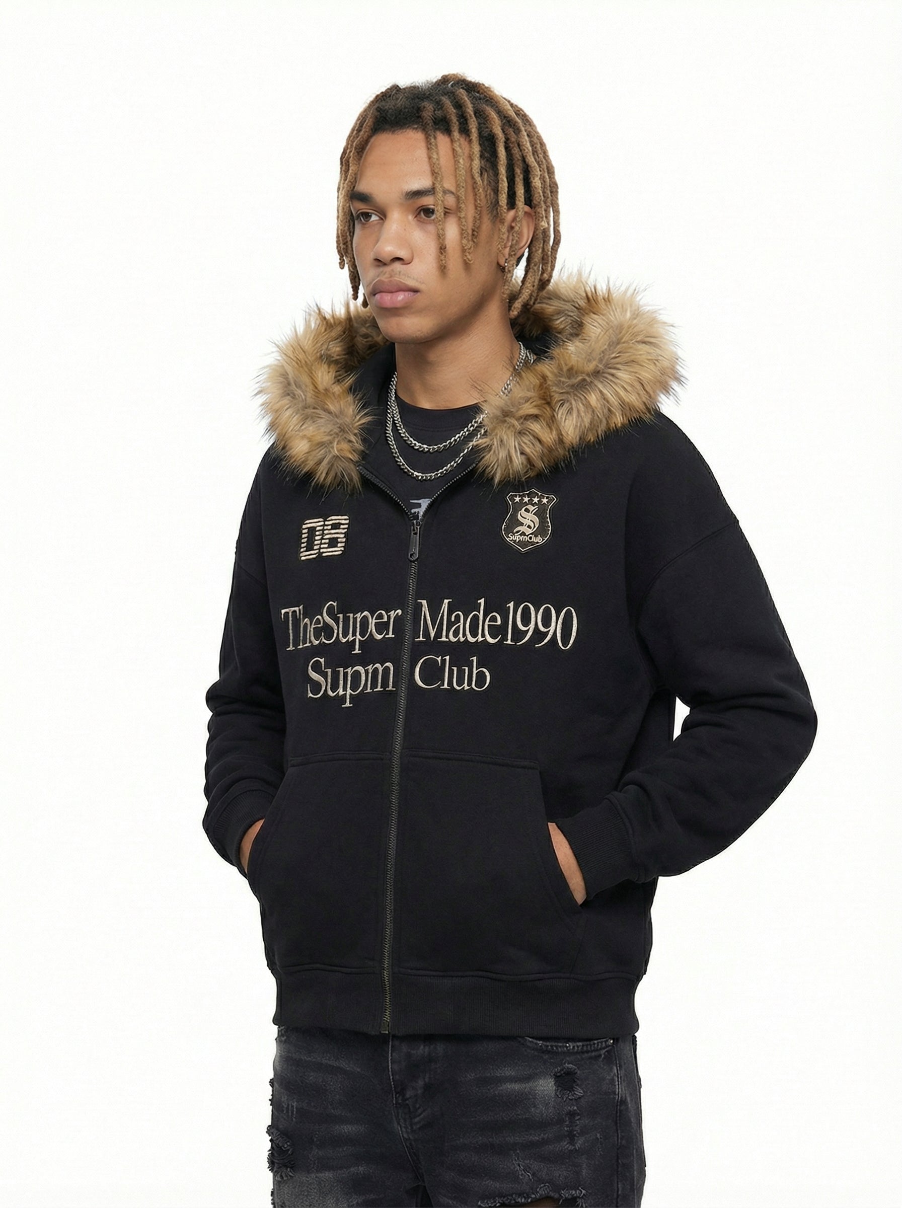 Letter Medal Embroidered Cardigan Fur Collar Zip Up Hoodie- 2502