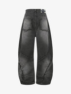 Washed Distressed Raw Edge Barrel Jeans - 2402