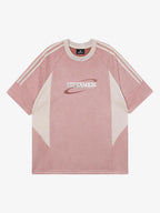 Suede Contrast Color Spliced Letter Embroidery Oversize T-shirt - 2462