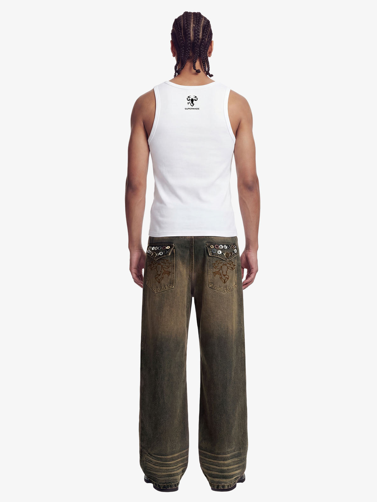 Washed Button Detail Wide Leg Pants