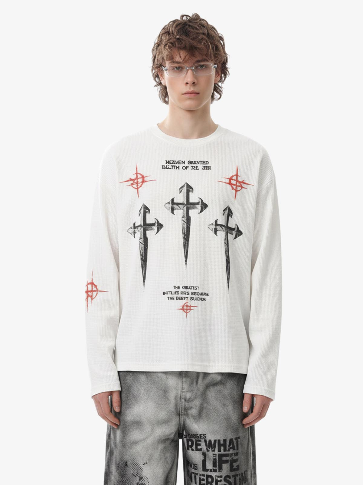 Letter Print Waffle Cross Long-Sleeved T-Shirt