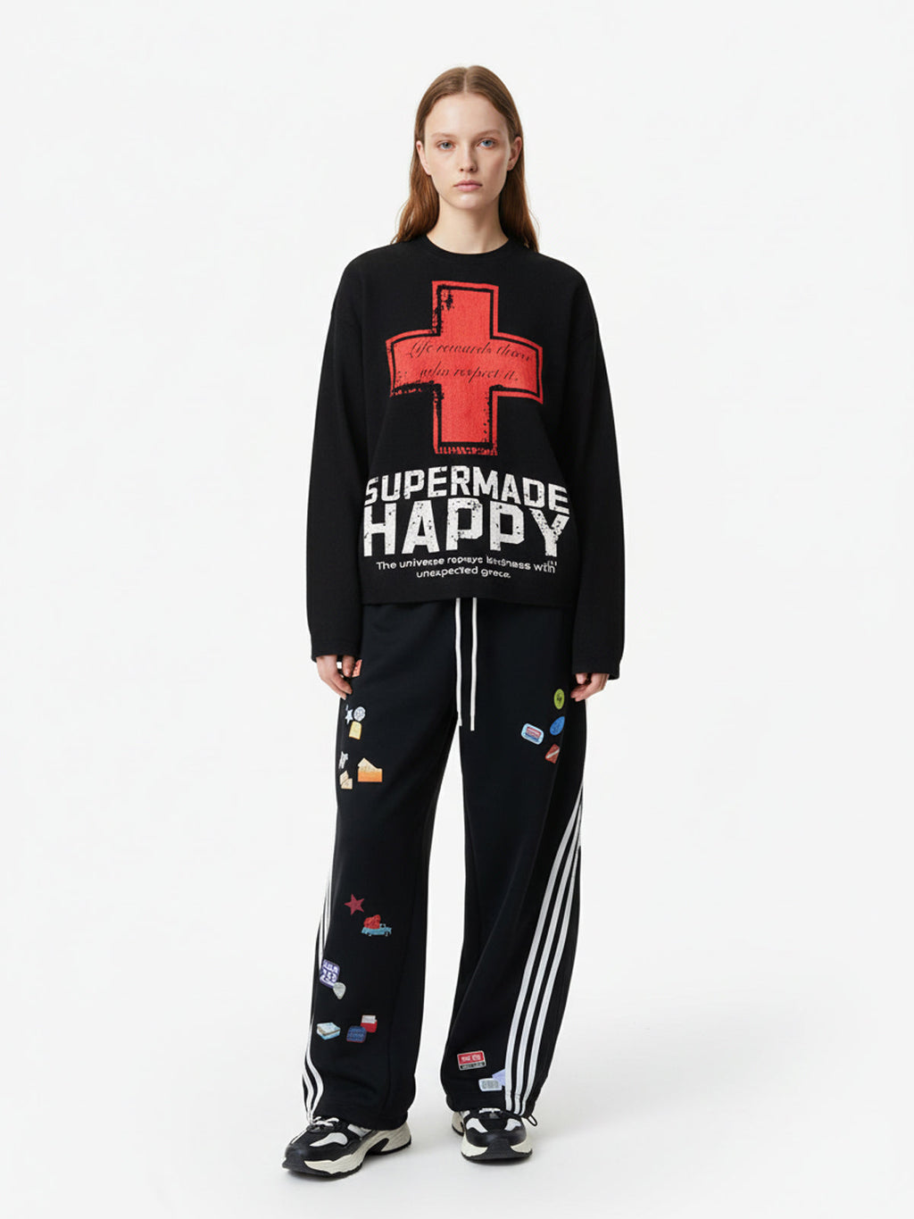 Street Cross Lettering Print Long-Sleeved T-Shirt - 2608