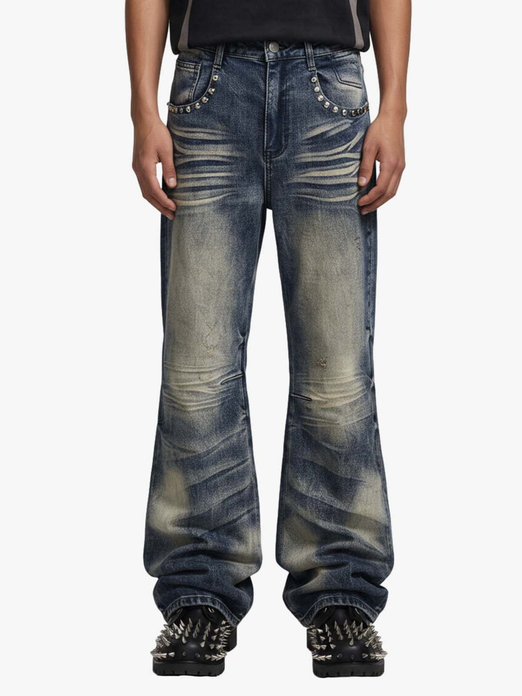 Vintage Washed Studded Pocket Flared Jeans - 2617