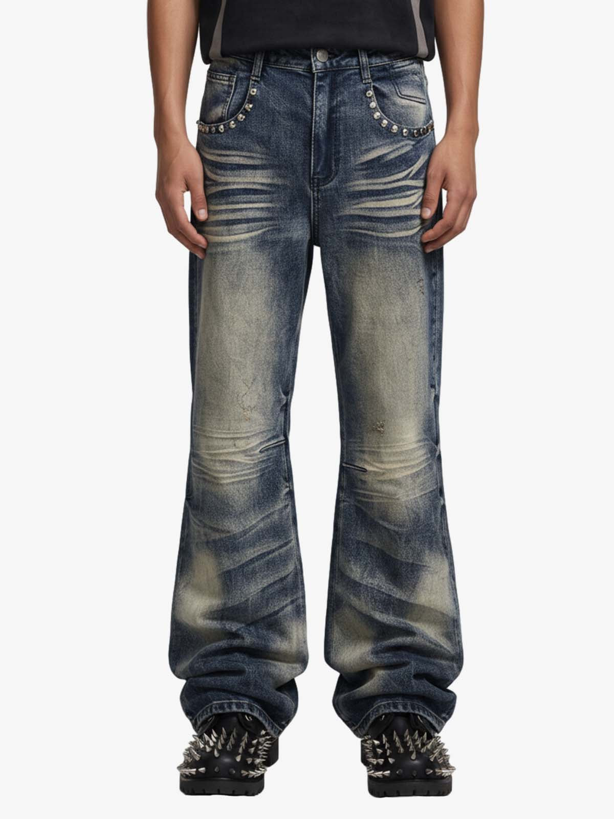 Vintage Washed Studded Pocket Flared Jeans - 2617