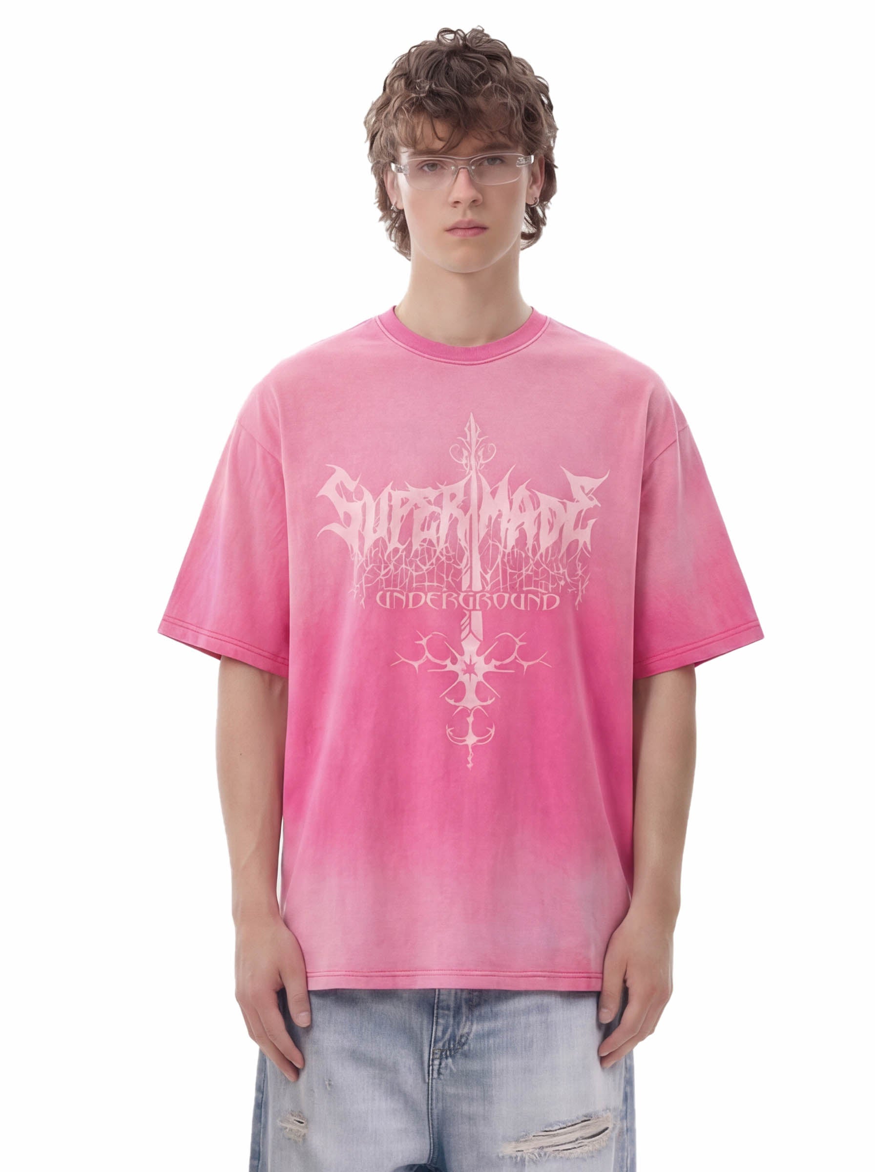 Acid Wash Gothic Cross Spine Graphic Distressed T-Shirt - 2604