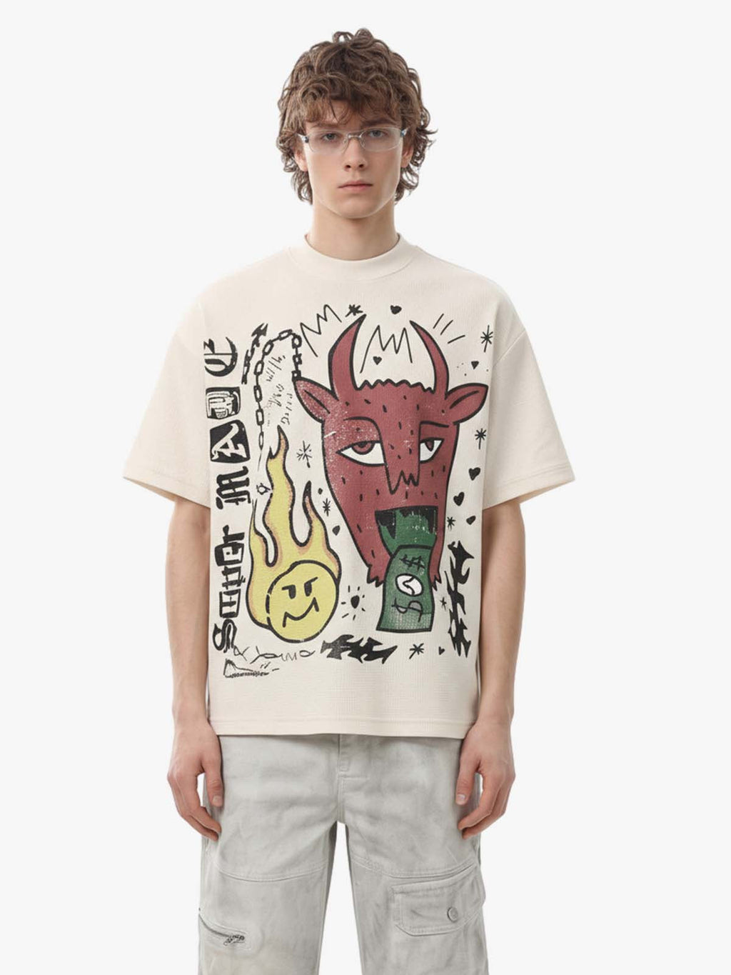 Waffle Knit Graffiti Devil Graphic Oversized T-Shirt