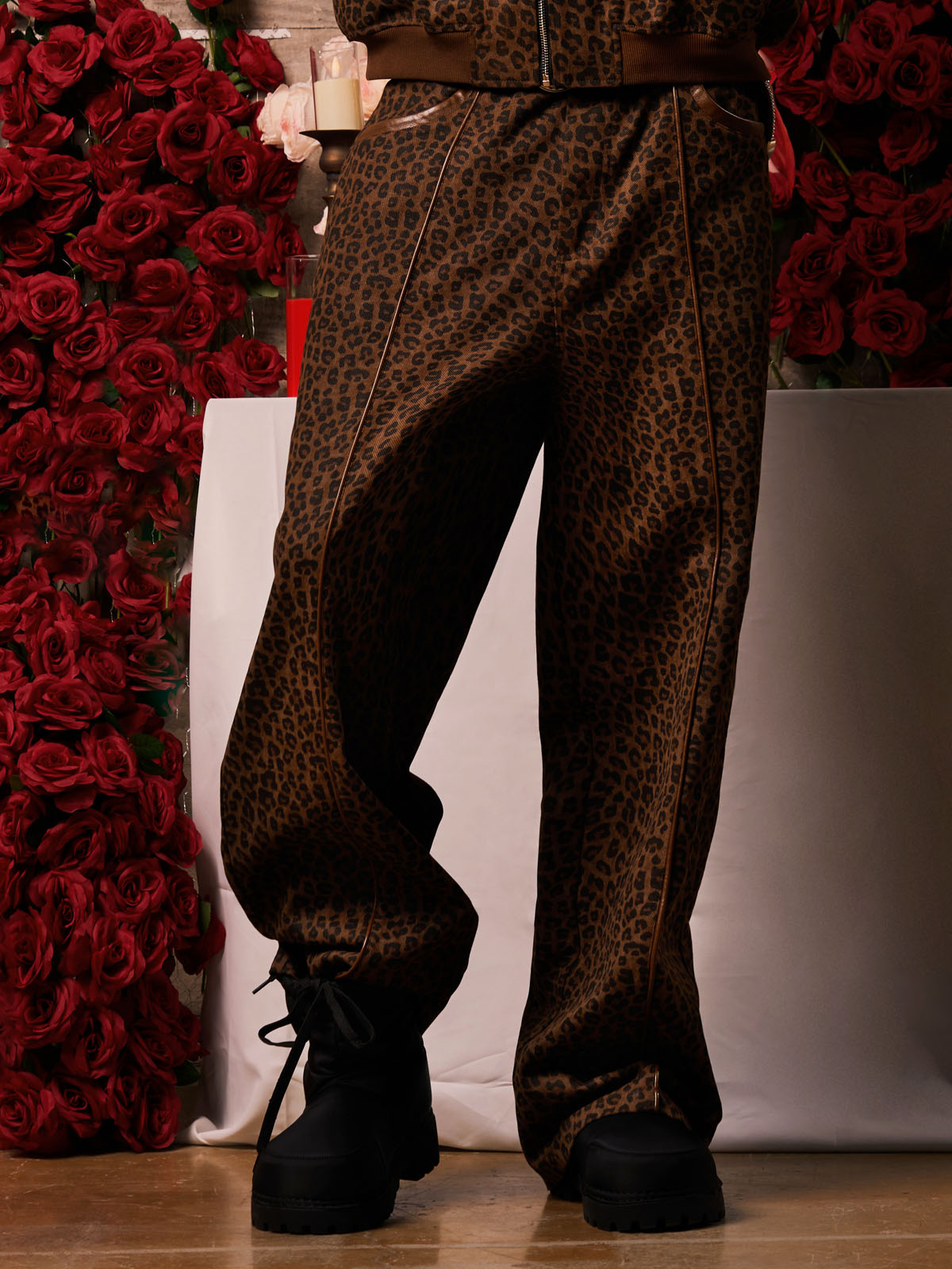 SUPM Graffiti Print Leather Leopard Print Baggy Pants