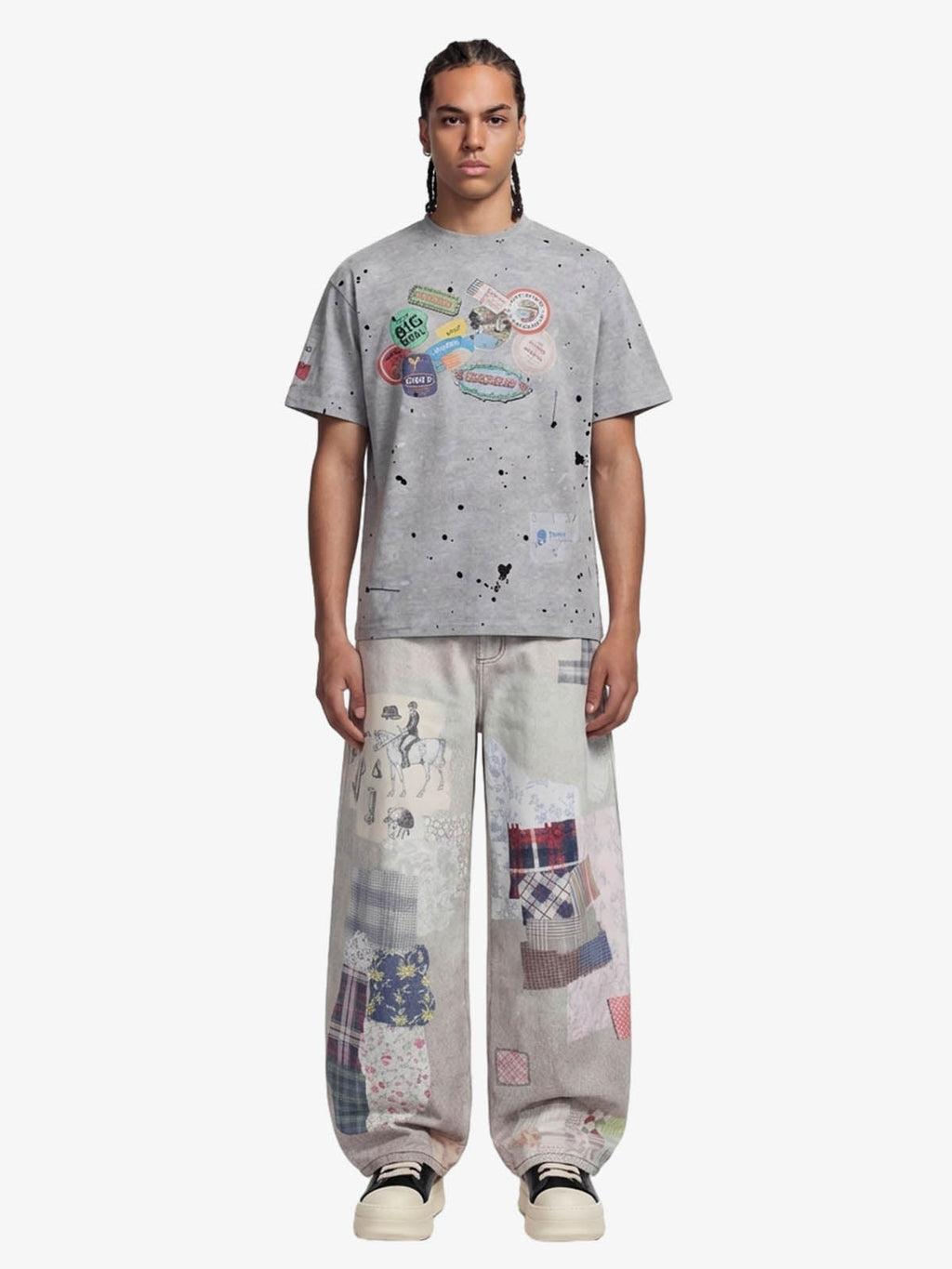 Vintage Wash Collage Print Curved Leg Denim Jeans