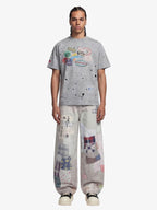 Vintage Wash Collage Print Curved Leg Denim Jeans