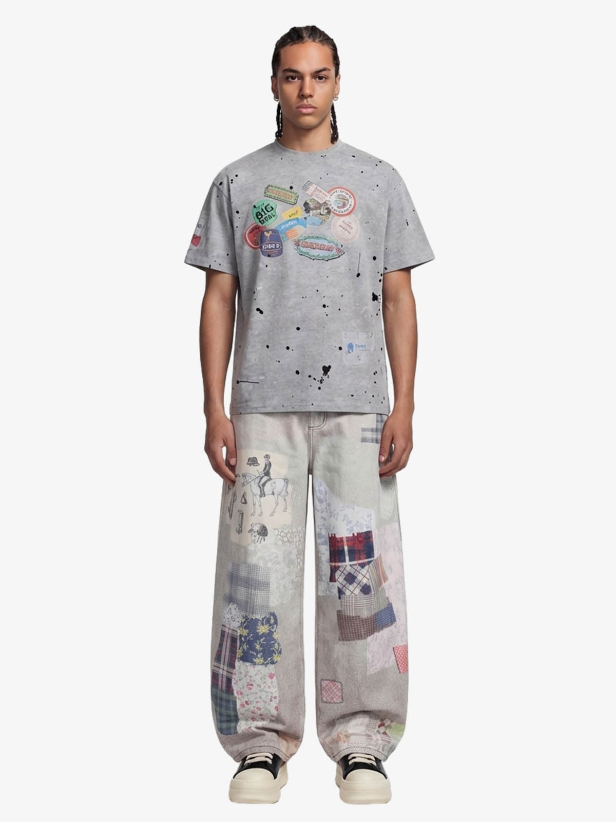 Vintage Wash Collage Print Curved Leg Denim Jeans