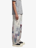 Vintage Wash Collage Print Curved Leg Denim Jeans