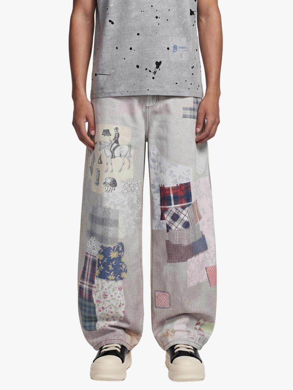 Vintage Wash Collage Print Curved Leg Denim Jeans