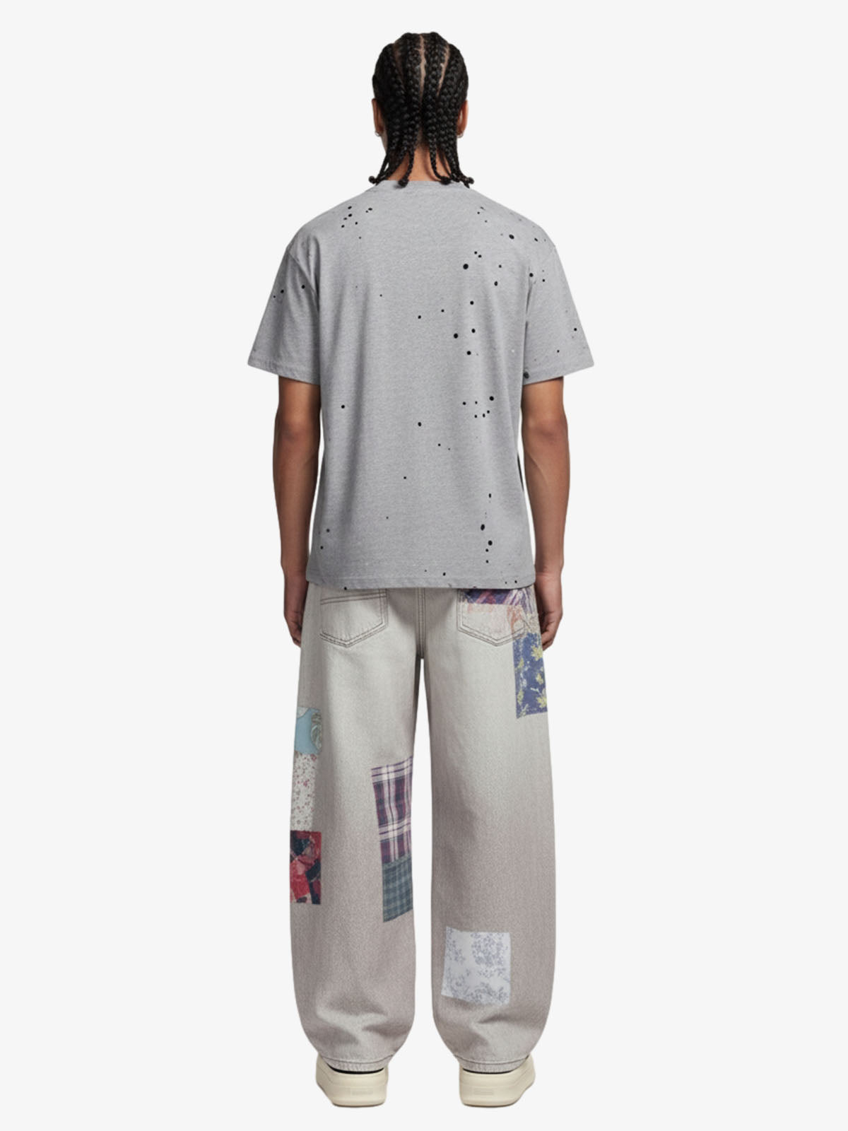 Vintage Wash Collage Print Curved Leg Denim Jeans