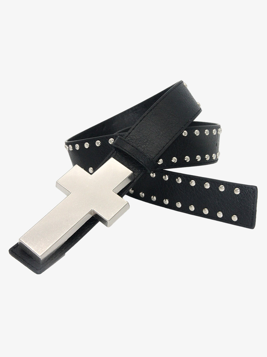 Cross Buckle Studded Black Leather Belt