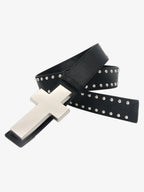 Cross Buckle Studded Black Leather Belt