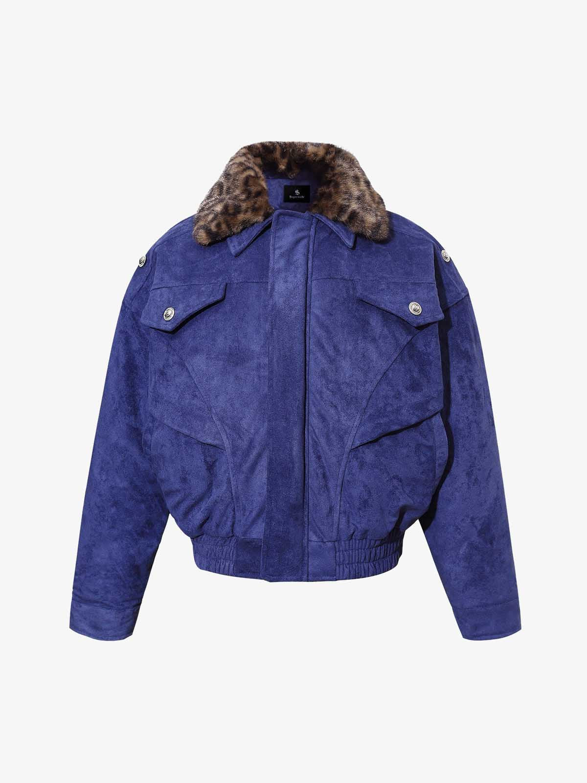 Retro Leopard Fur Collar Padded Bomber Jacket