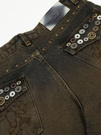Washed Button Detail Wide Leg Pants
