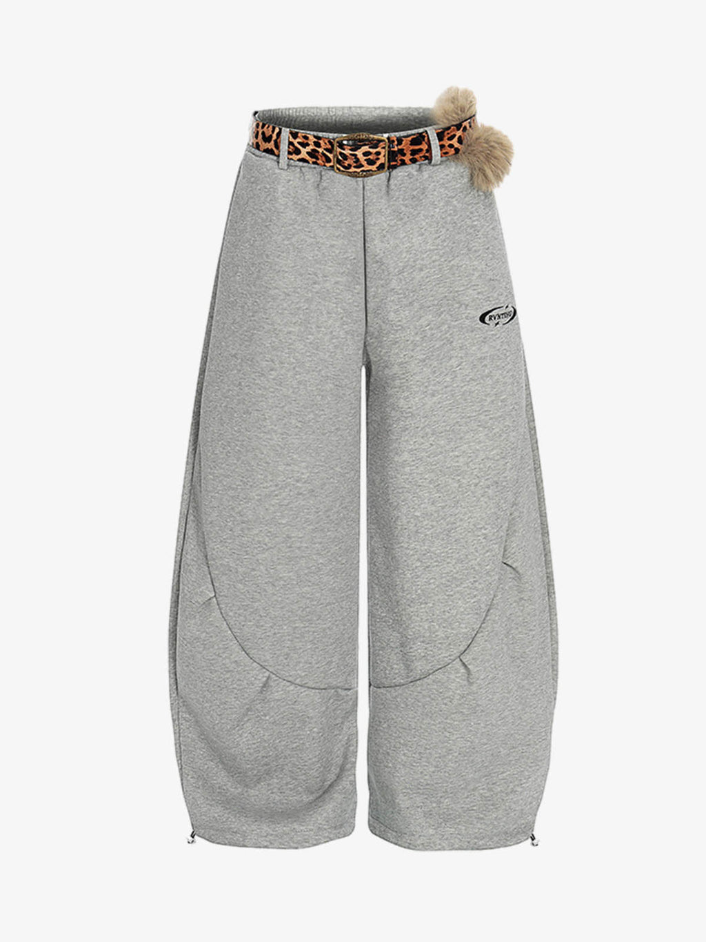 Leopard Belt Fur-Pom Detail Fleece Wide-Leg Pants