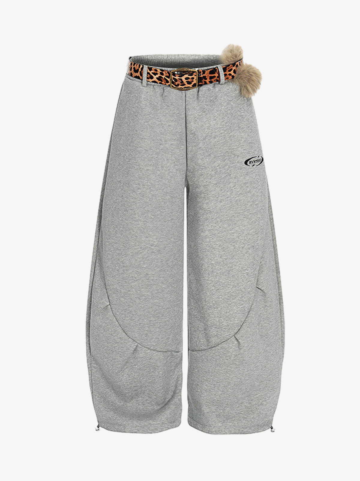 Leopard Belt Fur-Pom Detail Fleece Wide-Leg Pants