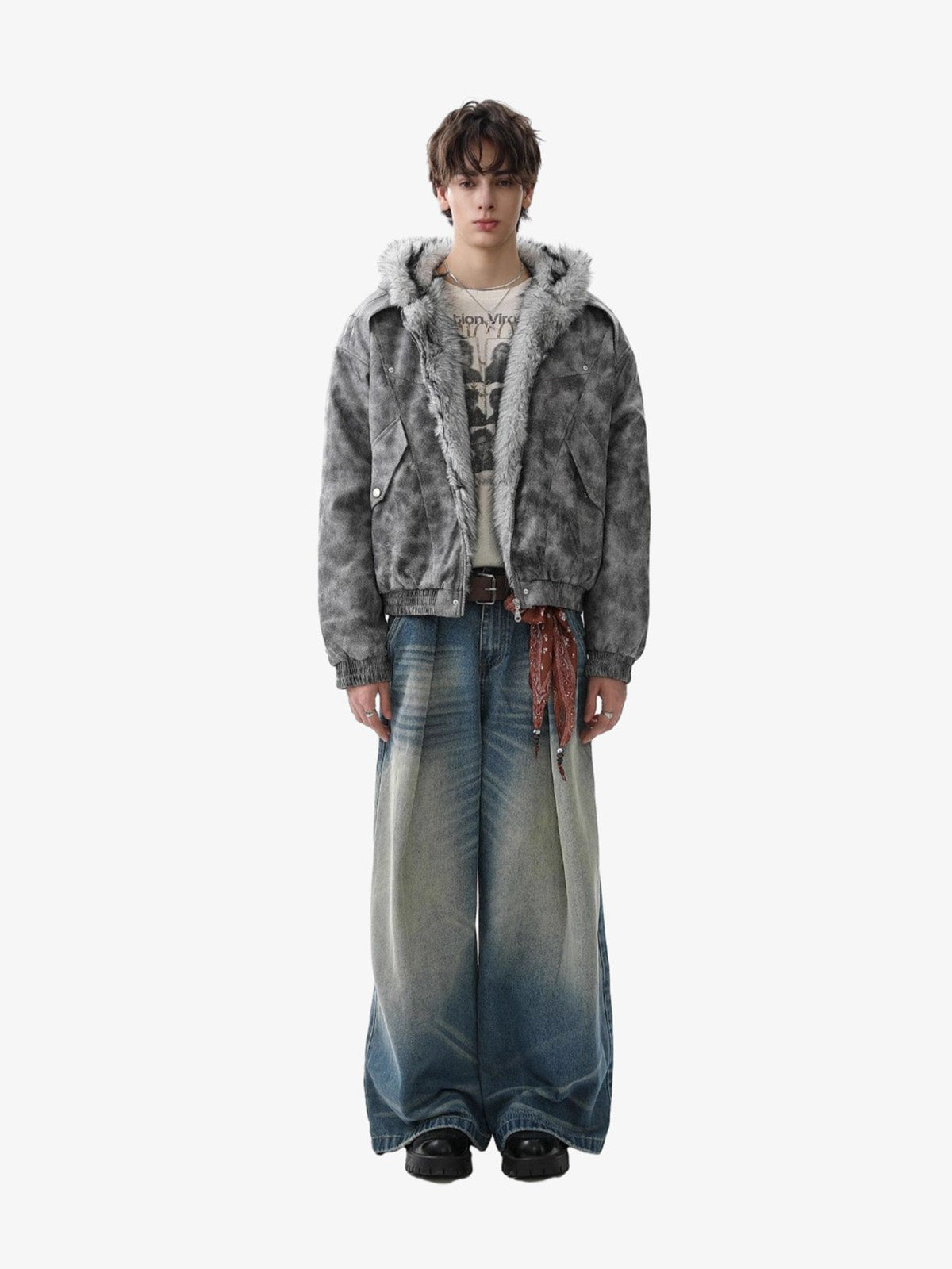 Faux Suede Vintage Wash Fur Hood Padded Jacket - 2553