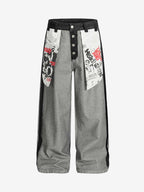 Distressed Reverse Design Large Pocket Printed Jeans - 2568