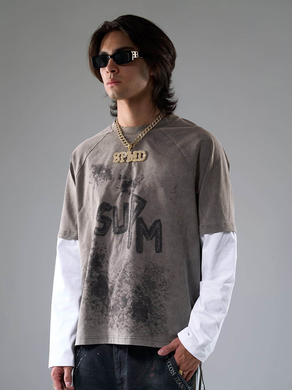 Washed Contrast Color Print Long Sleeve Cotton T-shirt