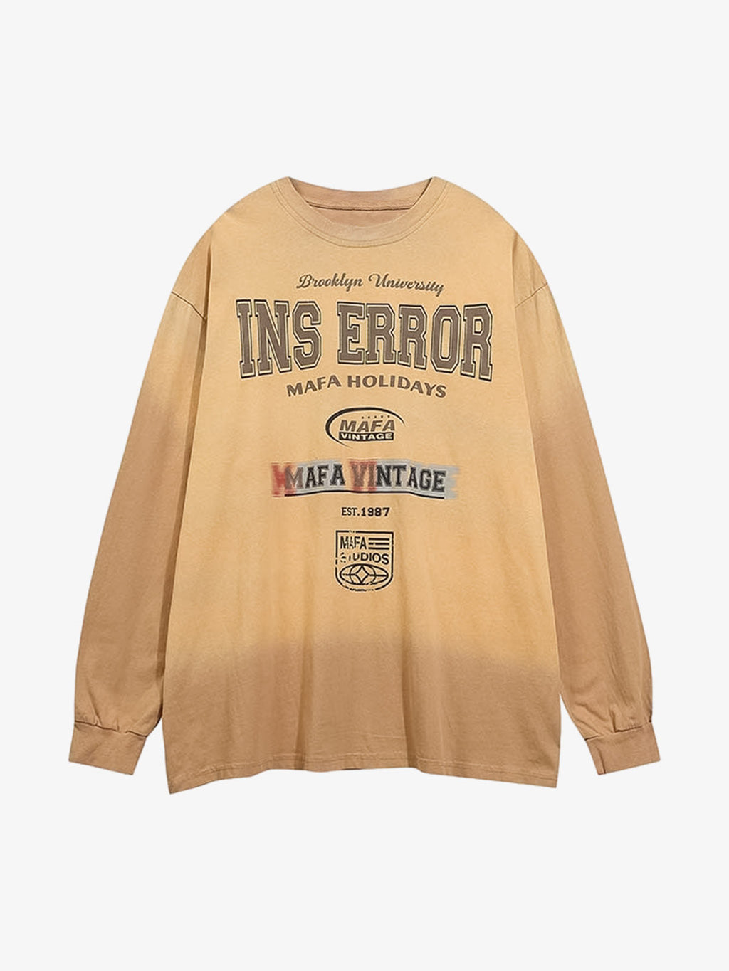 Letter Printed Washed Distressed Gradient Long Sleeve T-Shirt