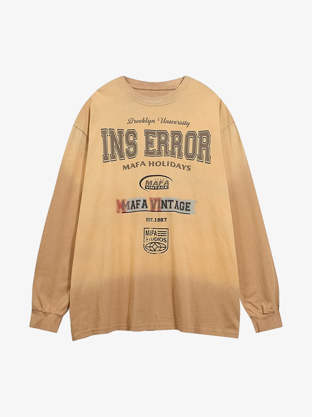 Letter Printed Washed Distressed Gradient Long Sleeve T-Shirt