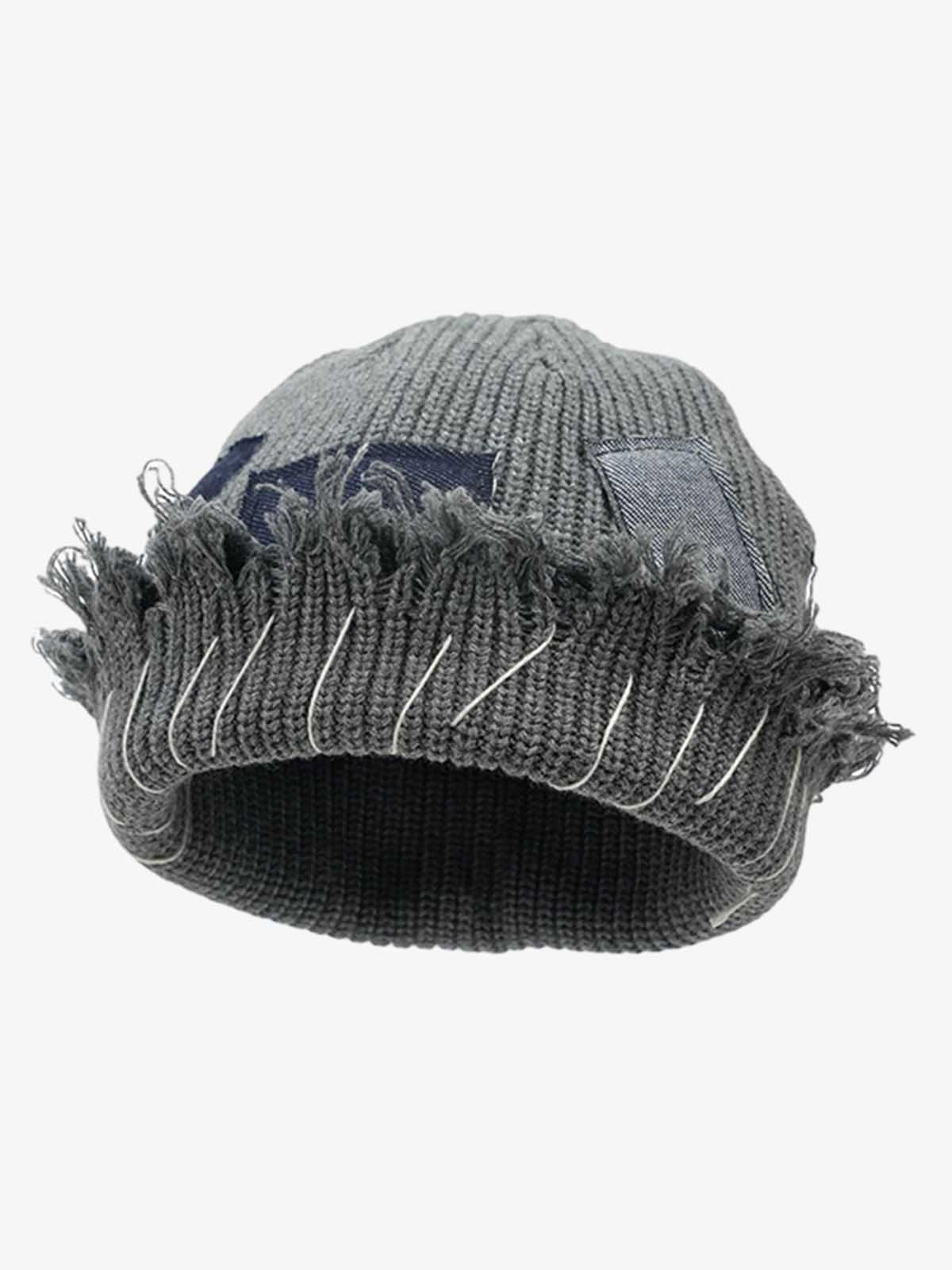 Distressed Denim Patchwork Beanie