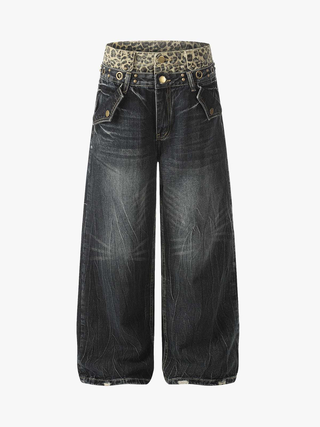 Y2K Double Waistband Leopard Print Wide Leg Jeans