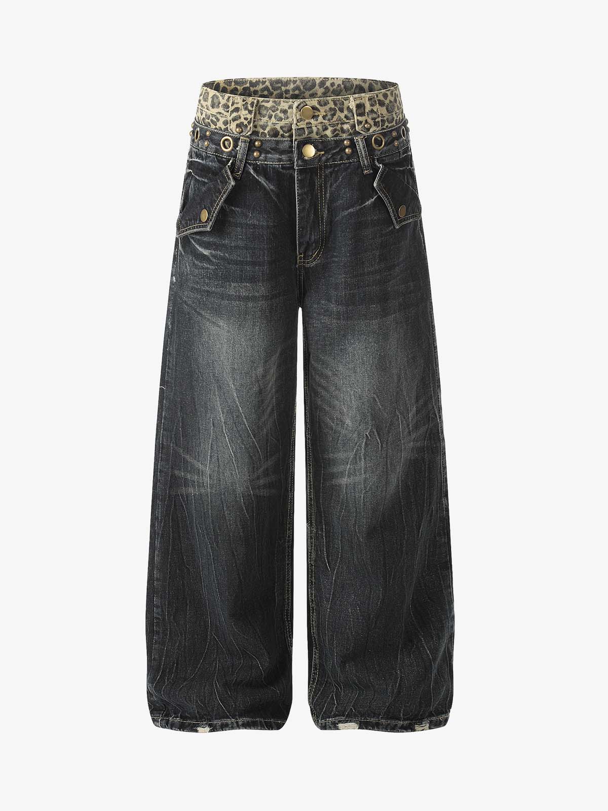 Y2K Double Waistband Leopard Print Wide Leg Jeans