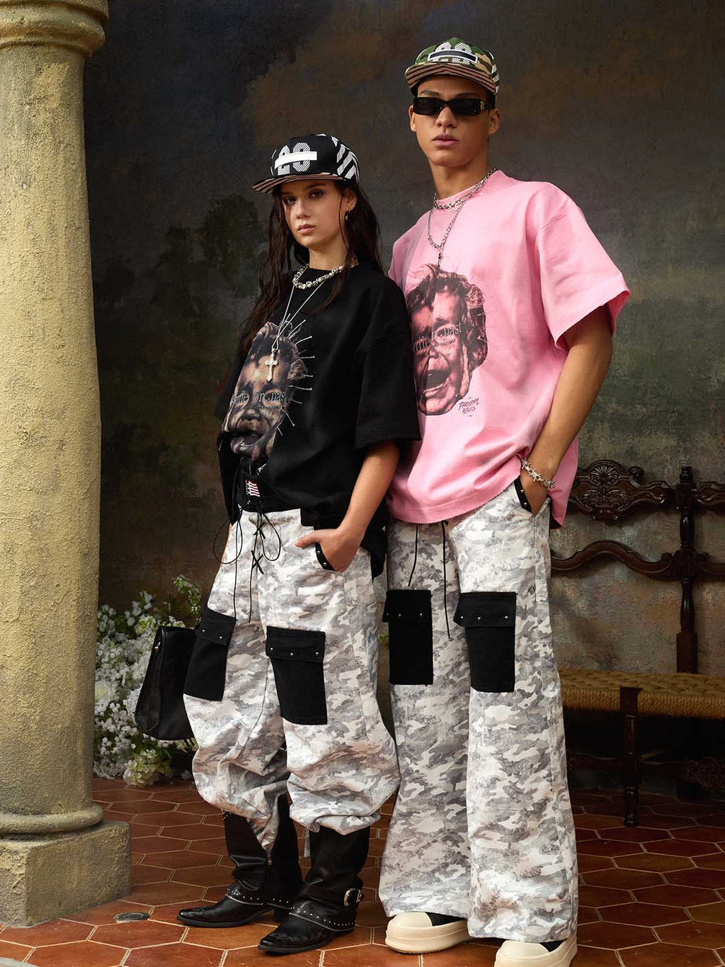 Camo Embroidered Double Waist Lace-Up Wide Leg Cargo Pants - 2599