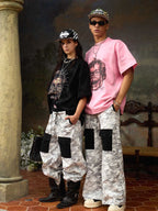 Camo Embroidered Double Waist Lace-Up Wide Leg Cargo Pants - 2599