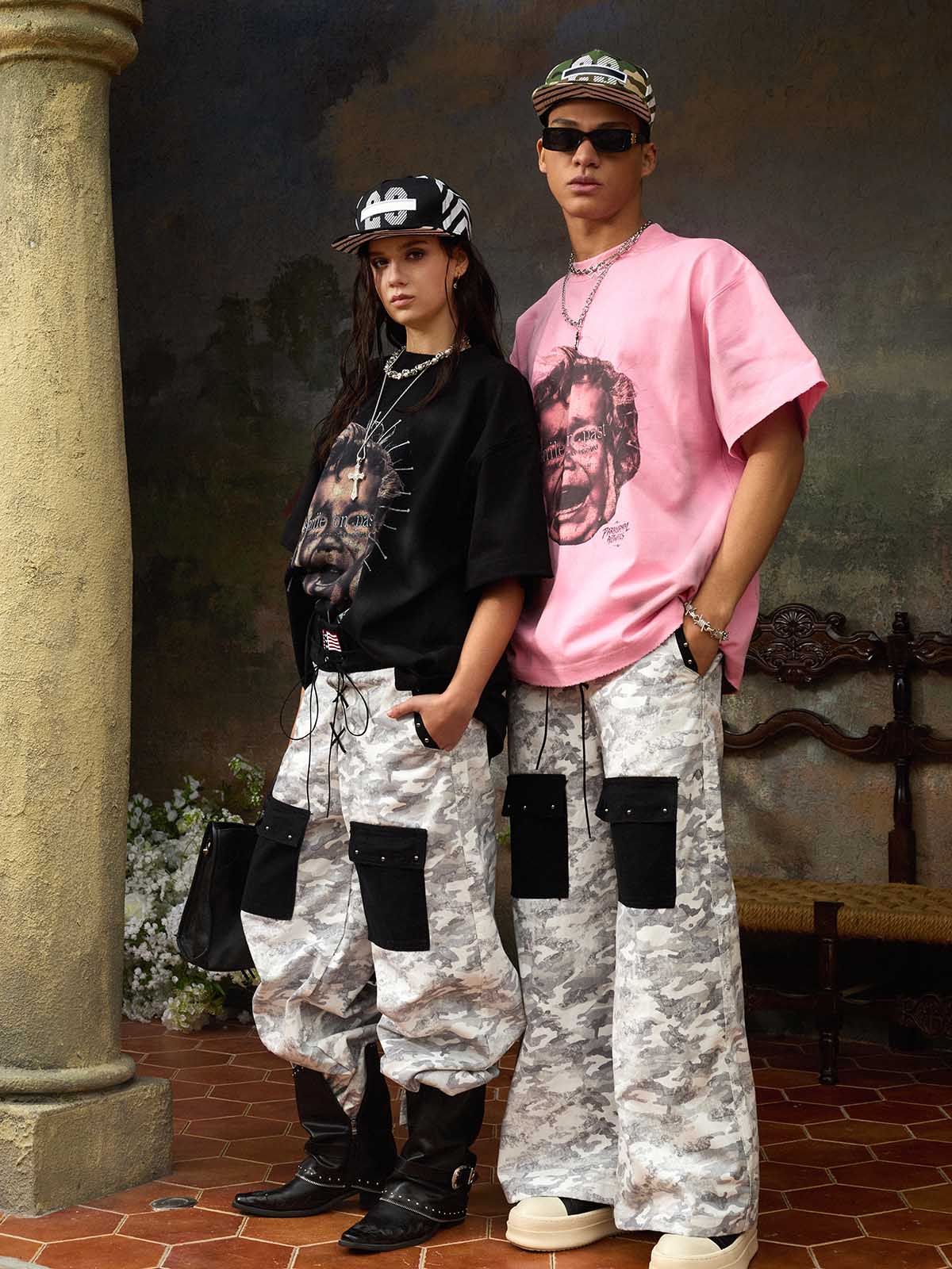 Camo Embroidered Double Waist Lace-Up Wide Leg Cargo Pants - 2599
