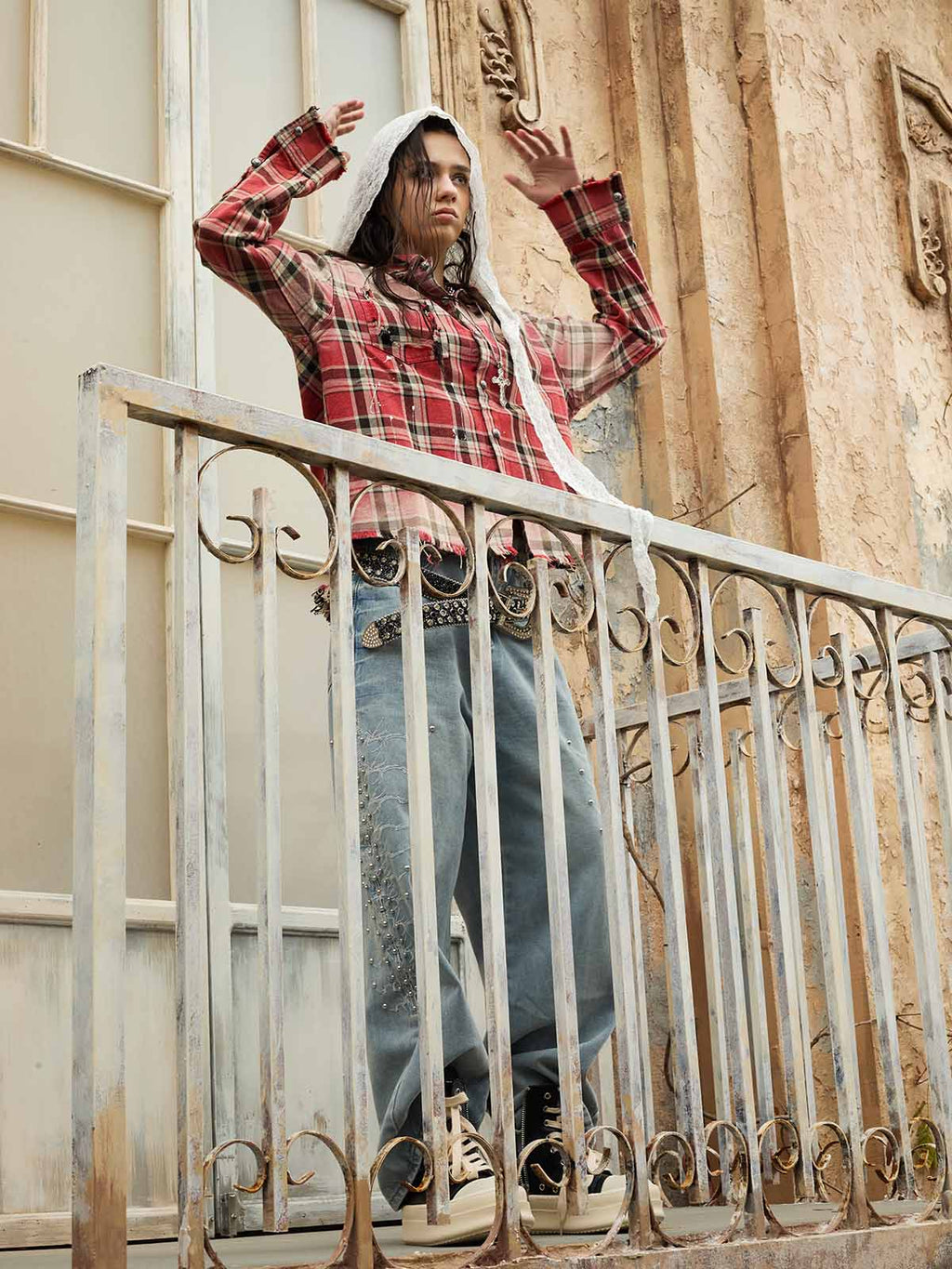 Paint Splatter Plaid Frayed Hem Button Up Shirt