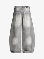Retro Washed Distressed Curved Blade Wide-Leg Jeans