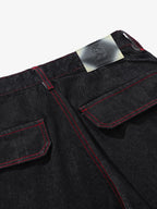 Retro Red Contrast Stitching Pocket Barrel Jeans